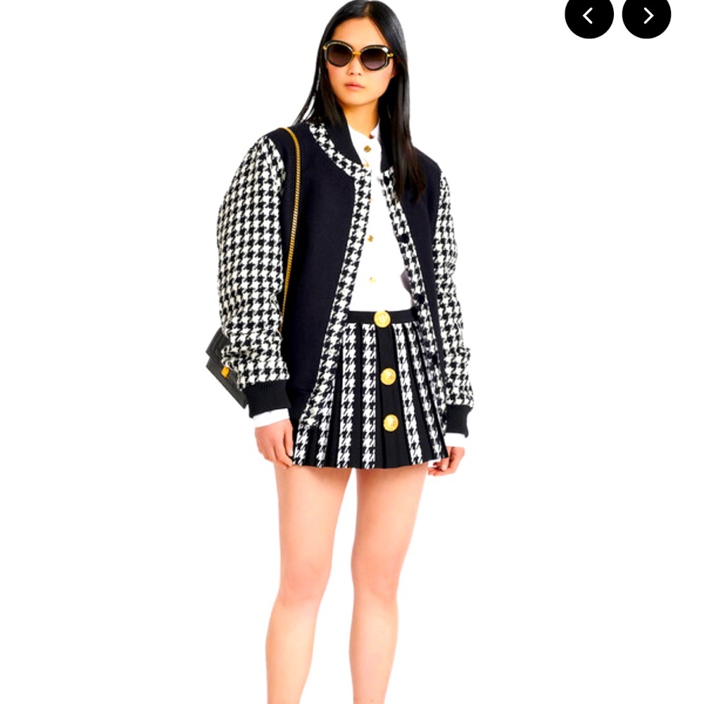 BALMAIN Houndstooth Pleated Knit Miniskirt